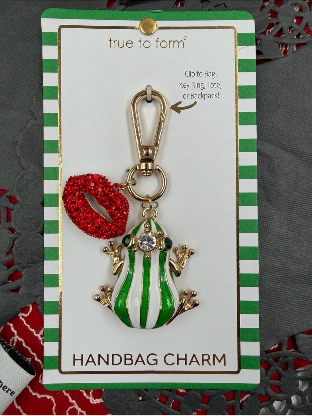 PRICE IS FIRM True to Form Frog Handbag Charm w/ Rhinestone Lips NEW ON CARD